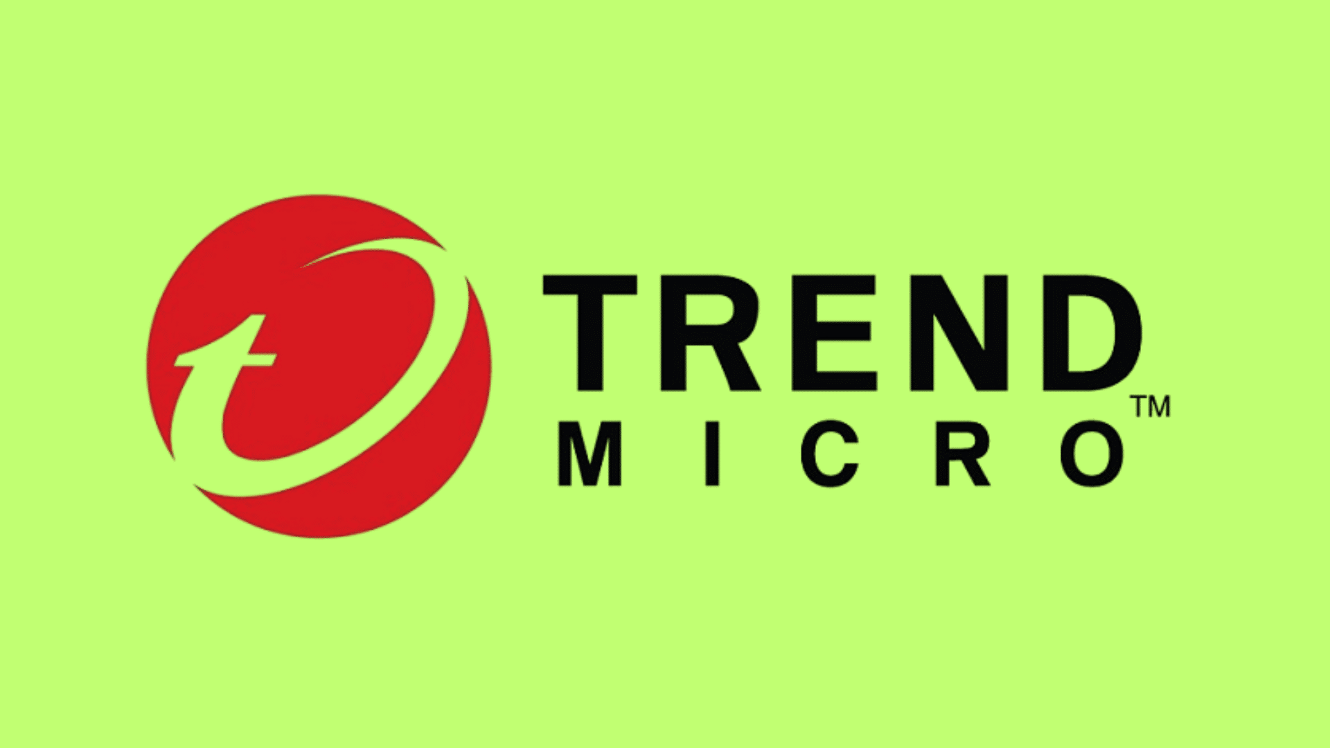Trend Micro logo with a red circular icon containing a white swoosh and black text on a lime background