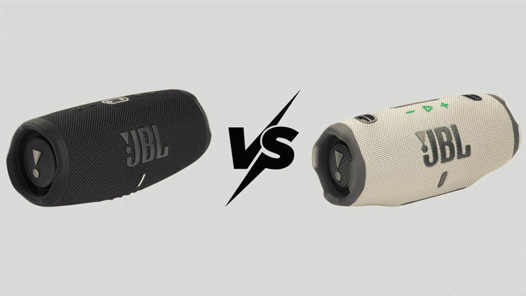 Two JBL Charge speakers side by side, black and beige, shown with VS sign on gray background