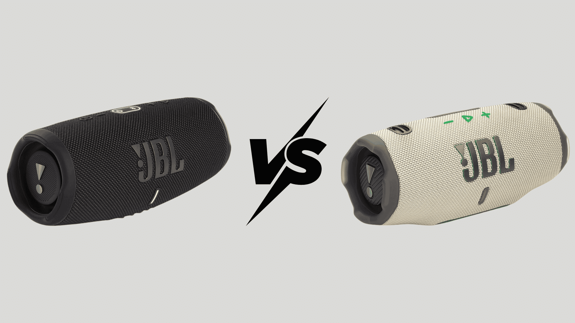 Two JBL Charge speakers side by side, black and beige, shown with VS sign on gray background