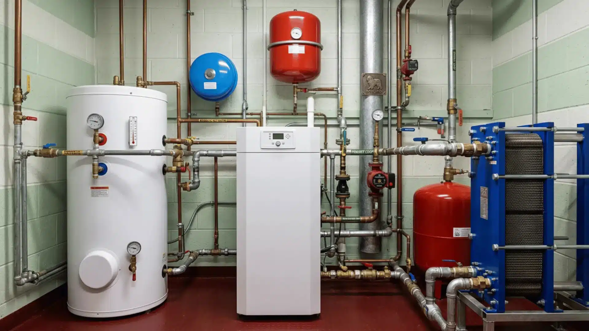 Utility room with water heater, heat pump unit, insulated pipes, pressure tanks, and heat exchanger