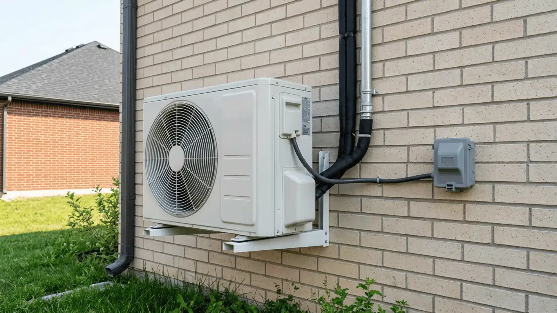 Wall-mounted outdoor mini split heat pump unit installed beside a brick home