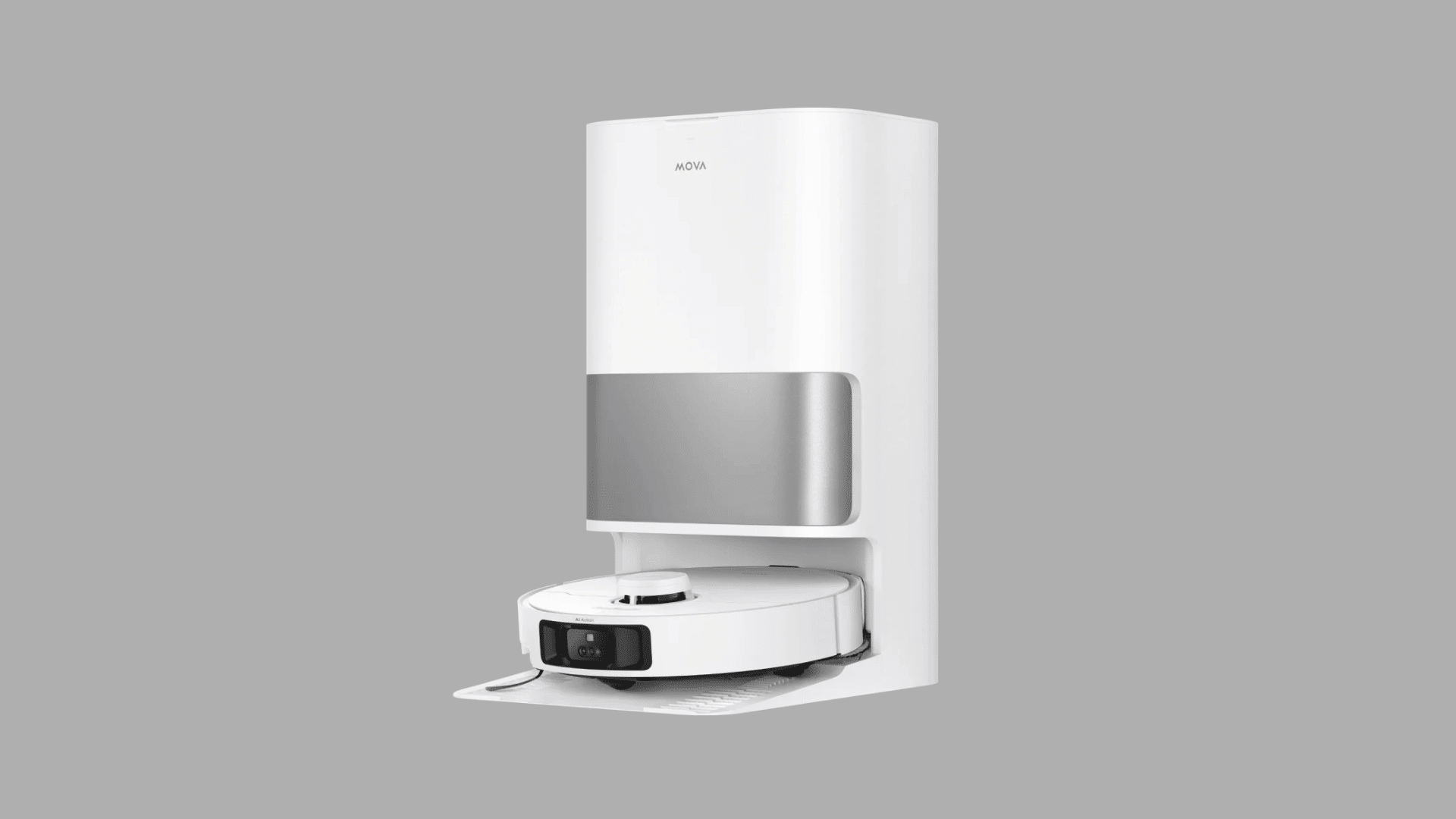 White MOVA robot vacuum with matching docking station on a dark background, featuring a sleek modern design