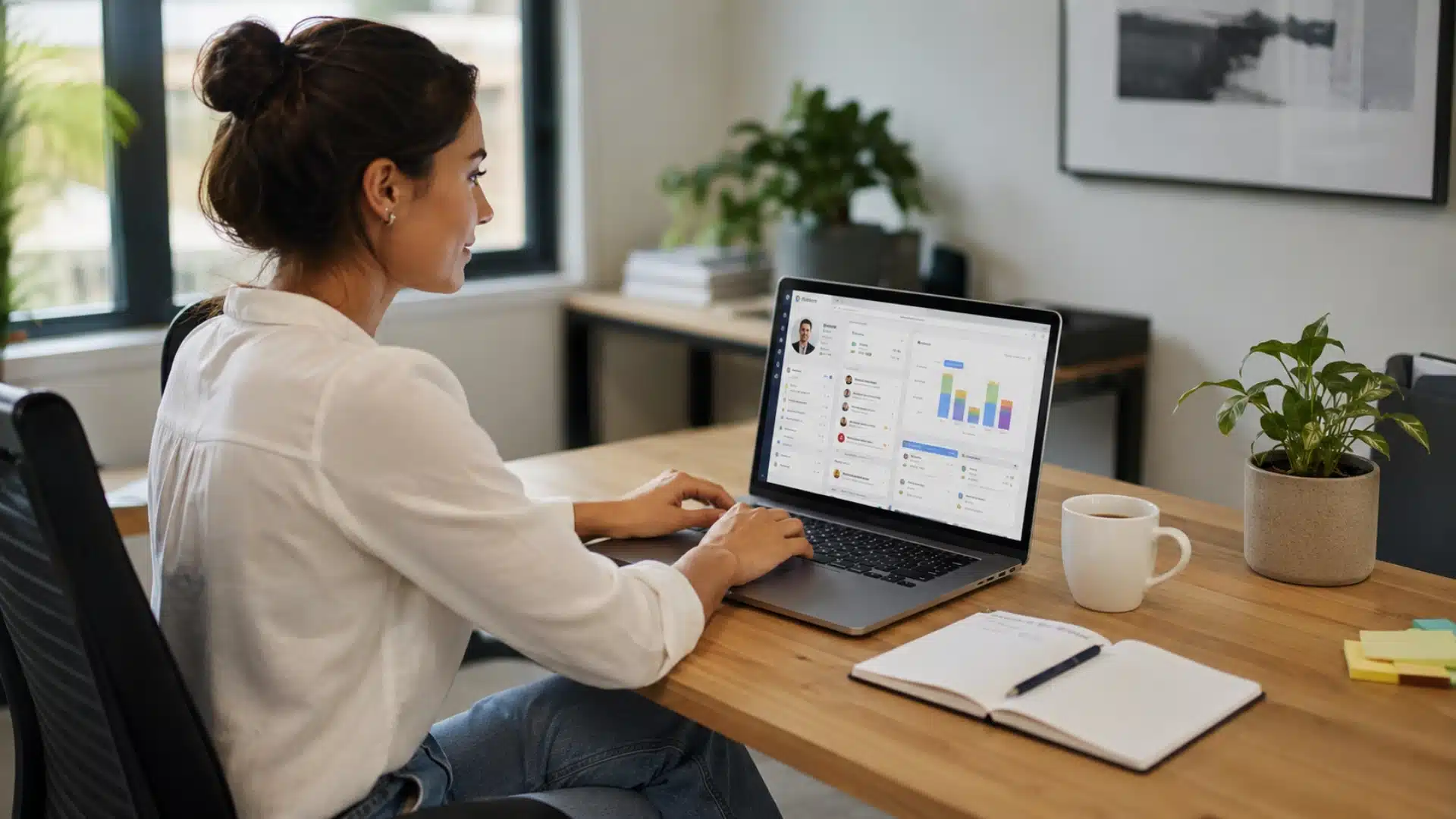 Woman at desk using CRM dashboardcrm acronym
