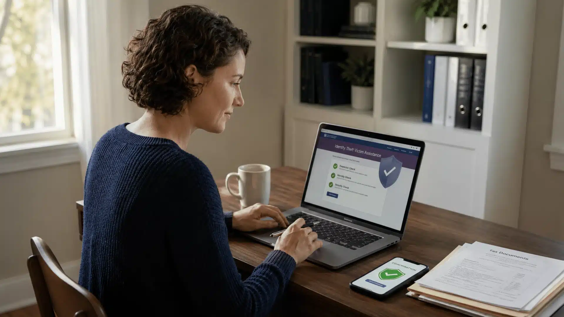 Woman using identity theft protection service on laptop with financial documents nearby