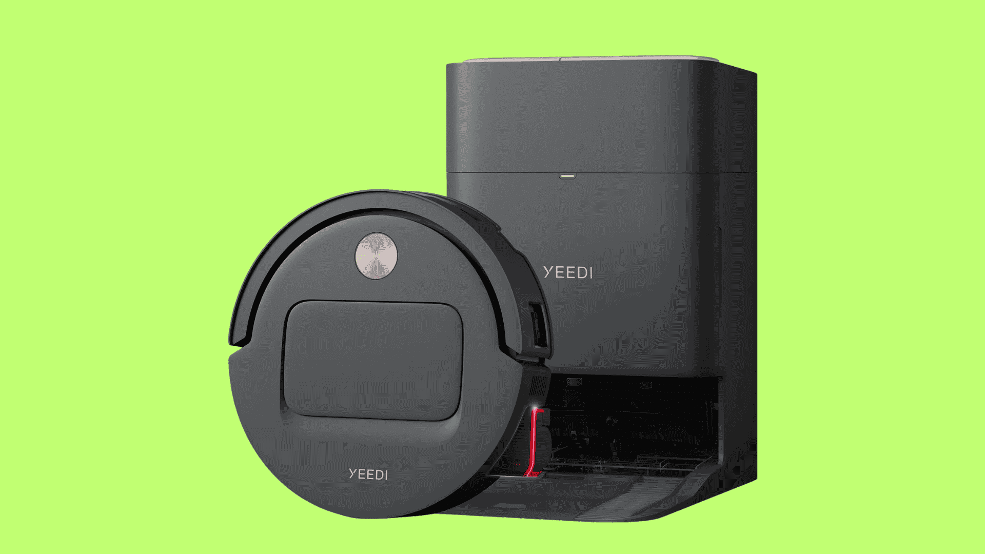 Yeedi robot vacuum with black docking station on a light background, featuring a sleek modern cleaning design