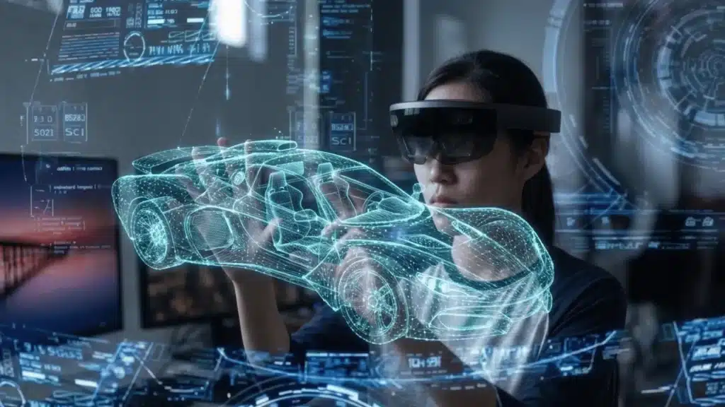A woman using spatial computing to interact with a glowing 3D wireframe hologram of a futuristic sports car