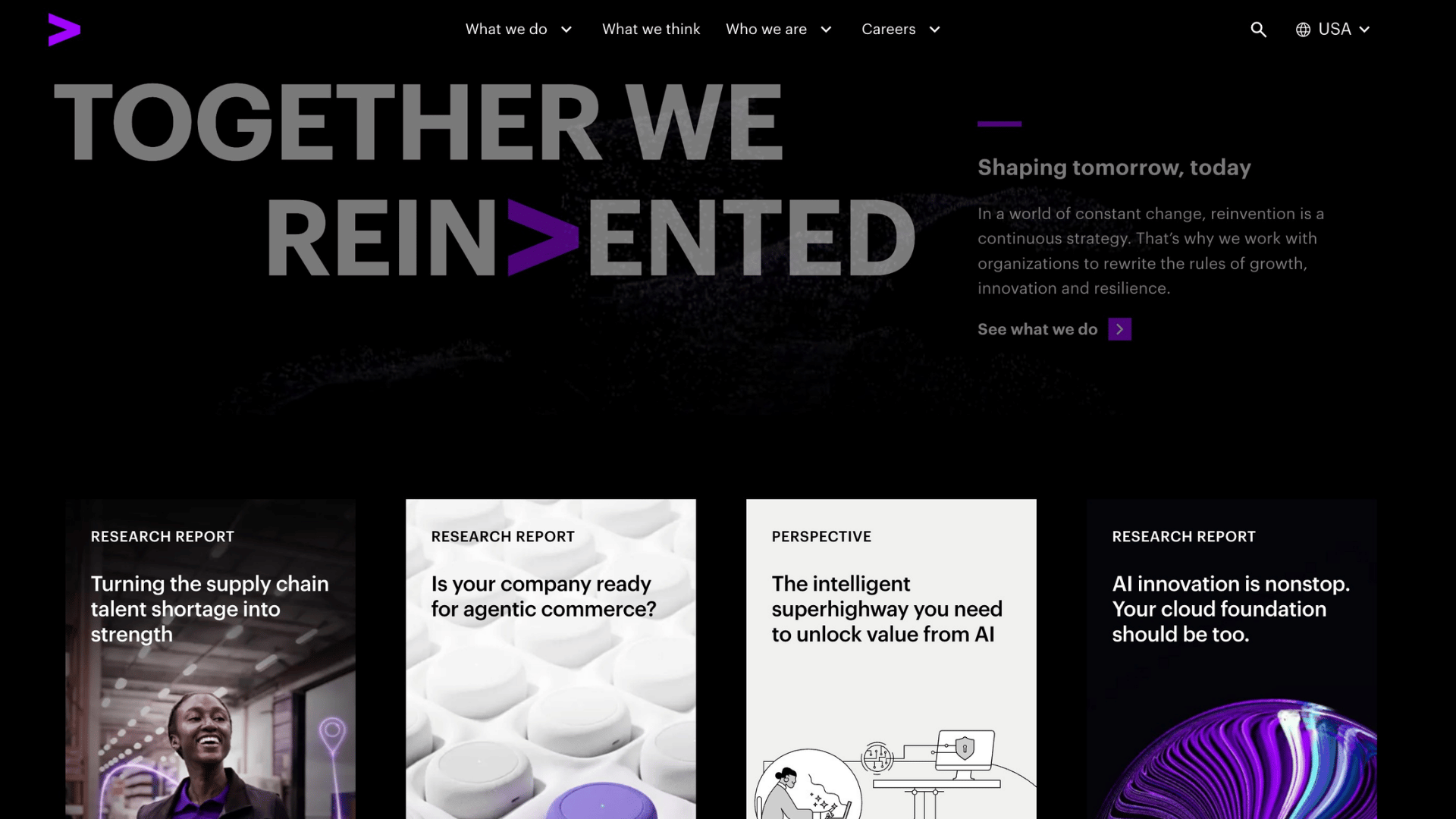 accenture website with text together we reinvented and options like turning the supply chain talent shortage into strength