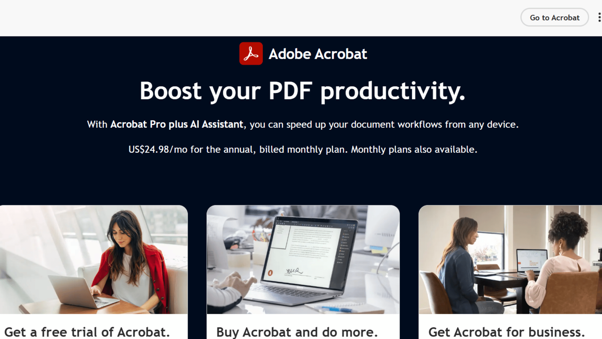 adobe acrobat pricing page showing productivity headline free trial cards and business plan options