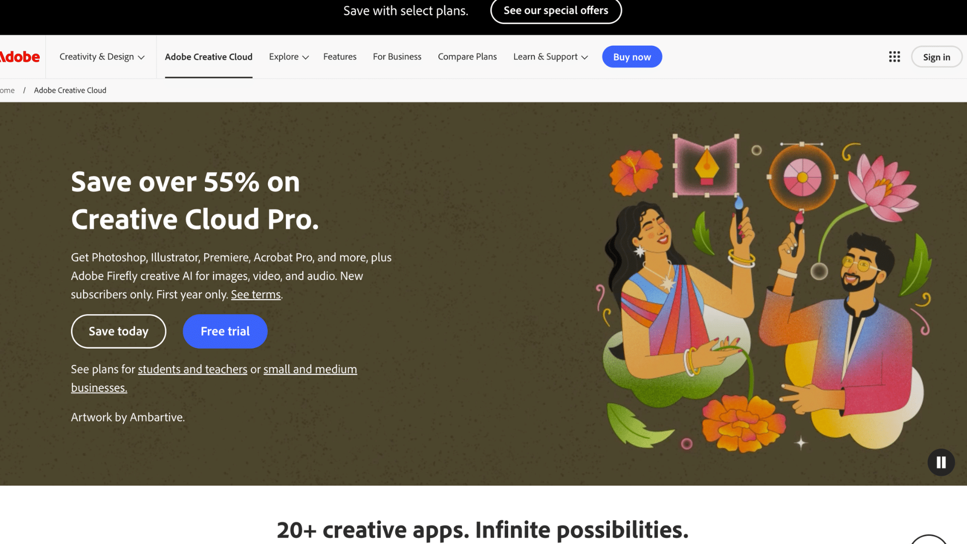 adobe creative cloud webpage showing discount offer with colorful illustration and free trial buttons for users