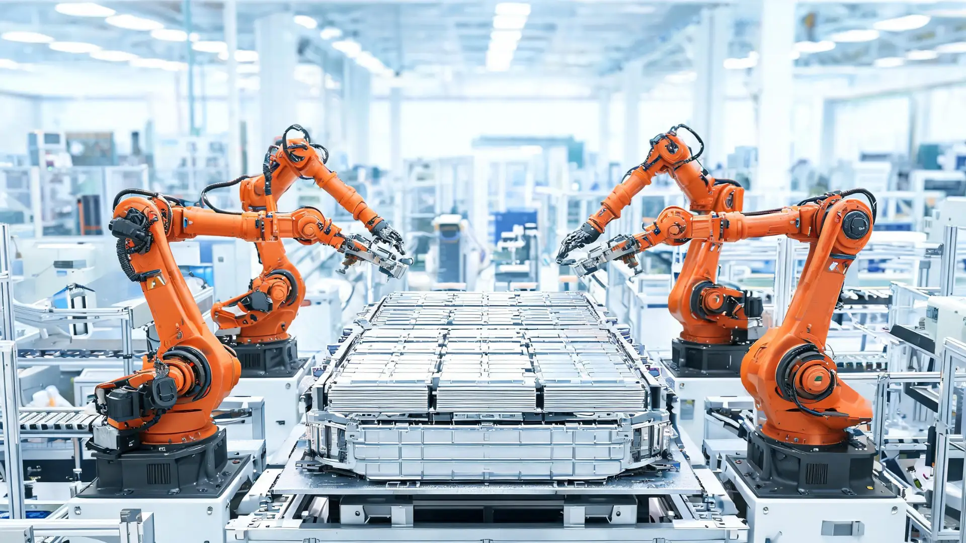 Advanced robotic arms automating industrial manufacturing and assembly processes inside a modern smart factory
