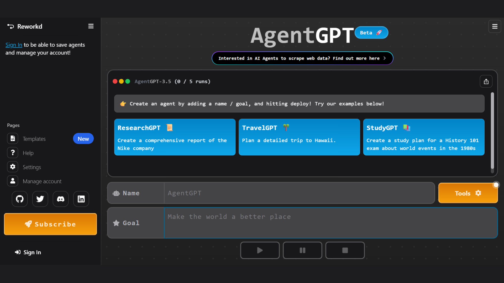 AgentGPT front page Of website