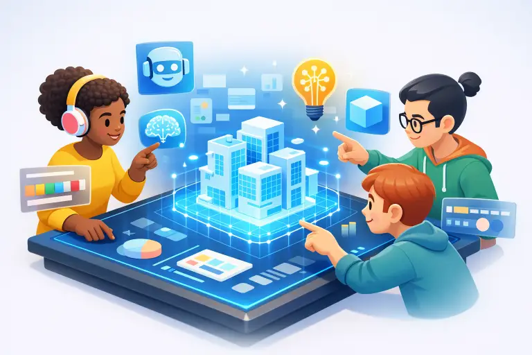 Three diverse people interacting with digital smart city model on touchscreen table with colorful virtual icons
