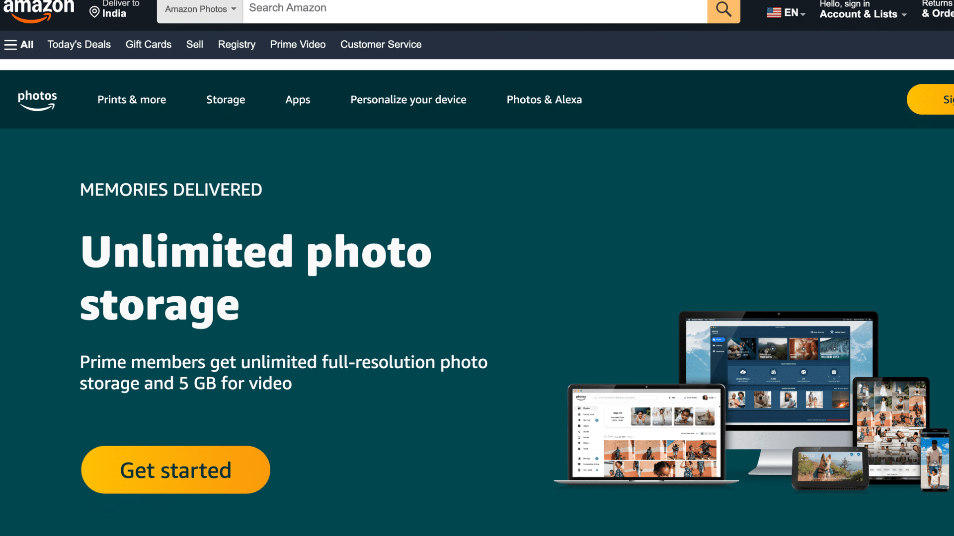 amazon photos webpage promoting unlimited photo storage with get started button and device display images (1)
