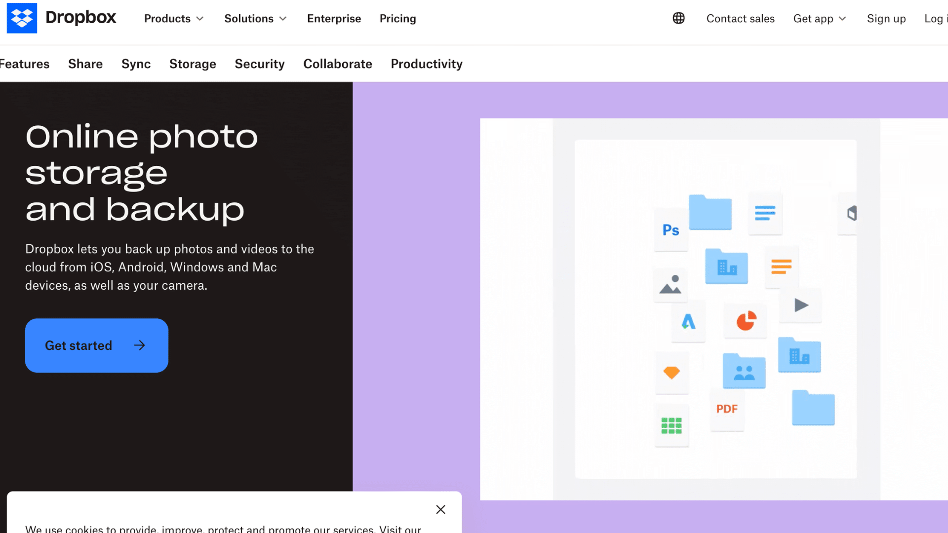 amazon photos webpage promoting unlimited photo storage with get started button and device display images