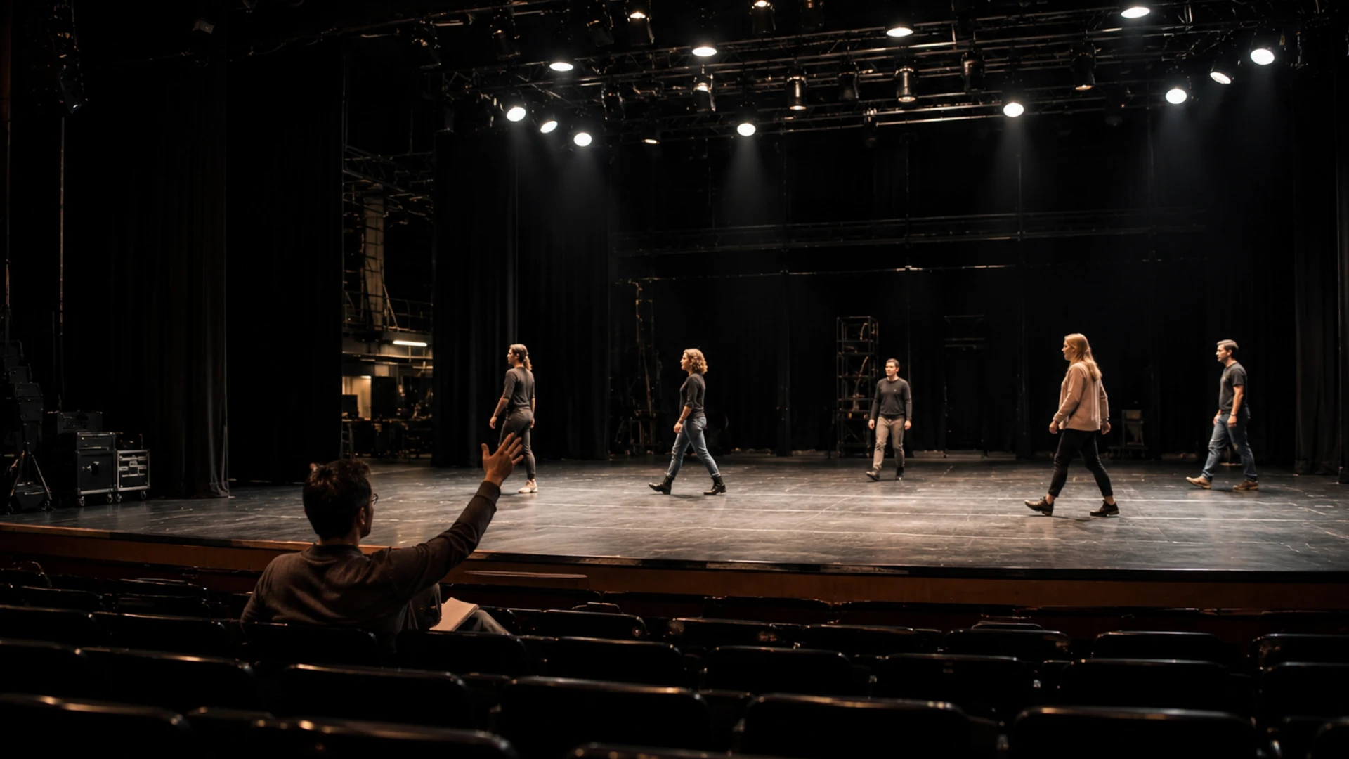 A person in an auditorium raises their hand while watching five actors rehearse on a dimly lit theater stage.