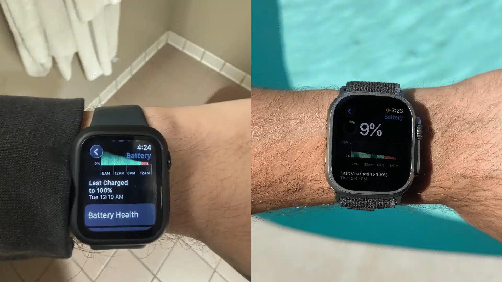 Apple Watch battery health screen showing low battery levels on two different Apple Watch models worn on wrists