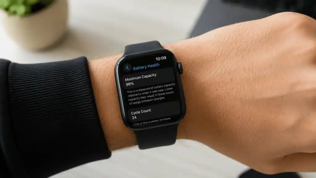Apple Watch displaying battery health screen in settings, showing maximum capacity percentage