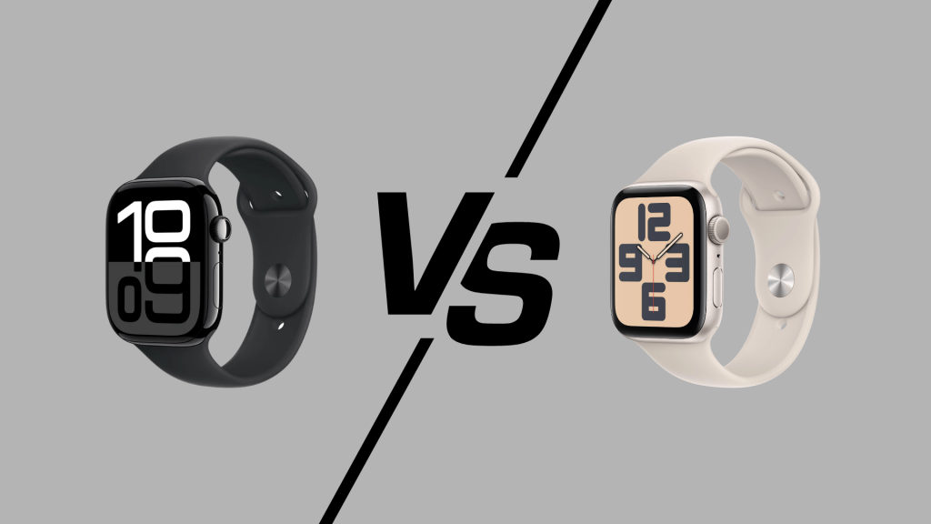 Apple Watch Series 10 vs SE side by side comparison showing design, display, and style differences between both models