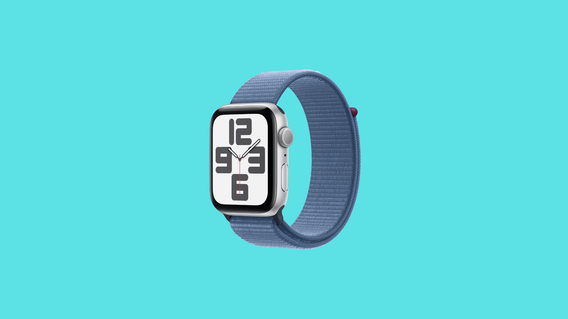 Apple Watch Series 10 with blue fabric loop band showing analog watch face and sleek aluminum case design