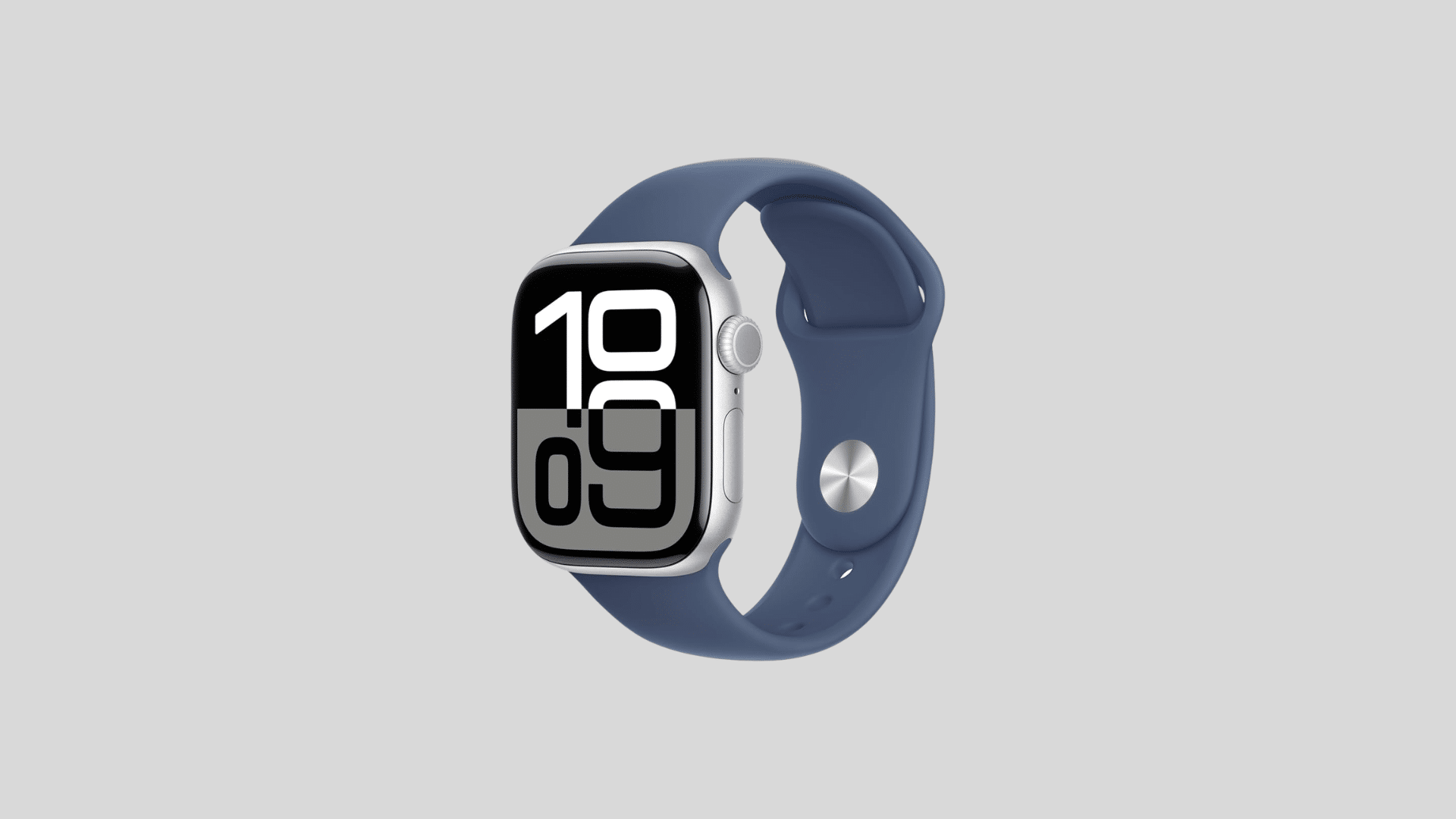 Apple Watch Series 10 with blue sport band showing large digital face and sleek aluminum case design