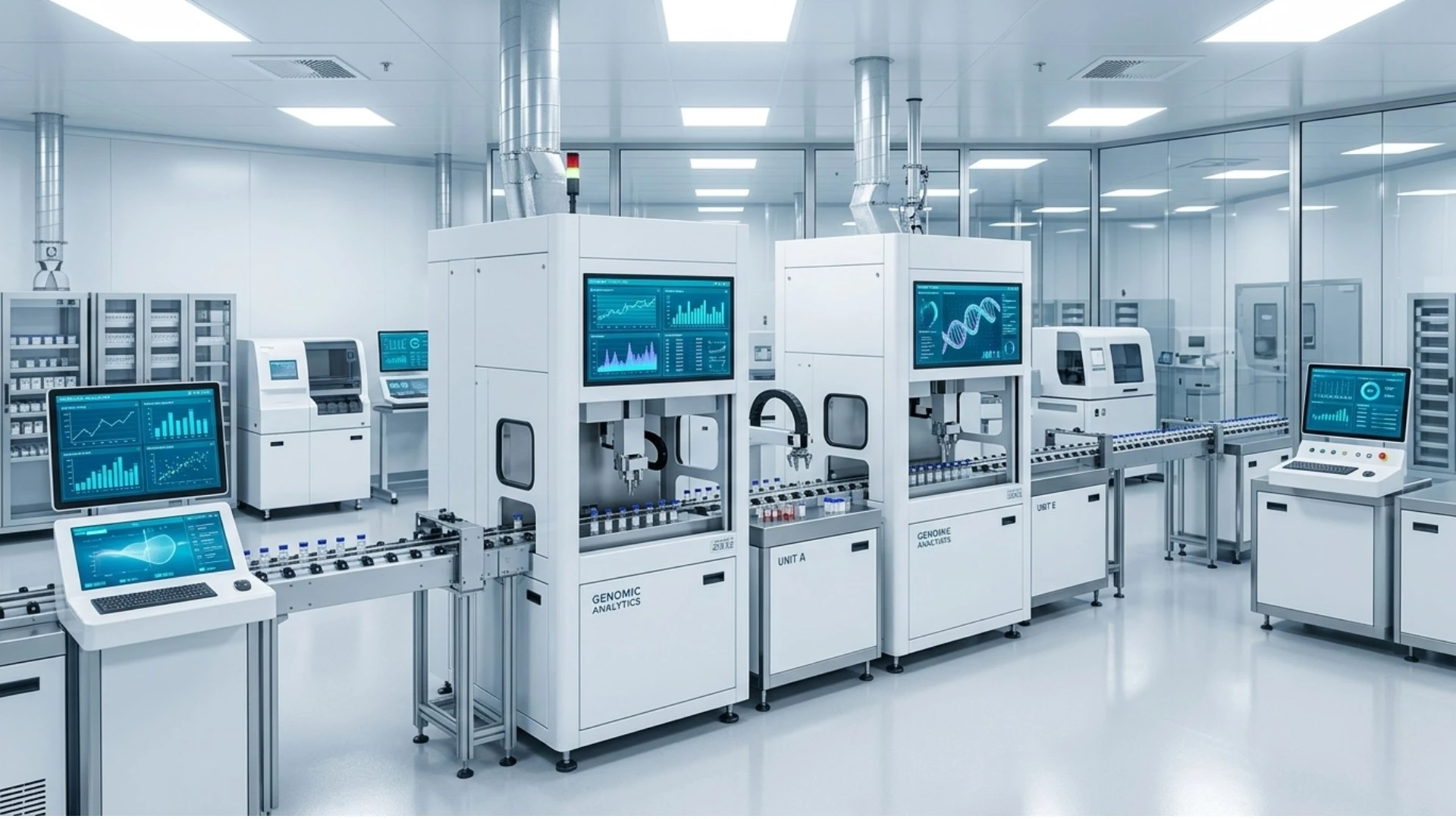 Automated laboratory production line with robotic systems, monitors, and conveyor equipment