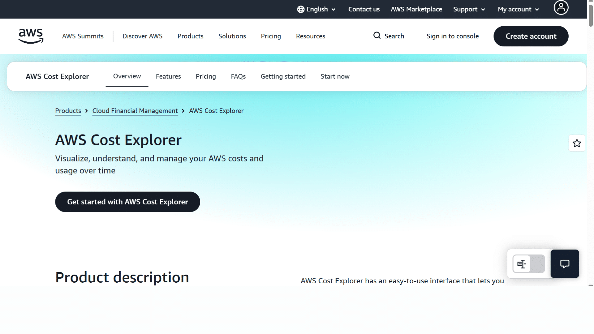 AWS Cost Explorer dashboard showing cloud spending analytics and usage breakdown.