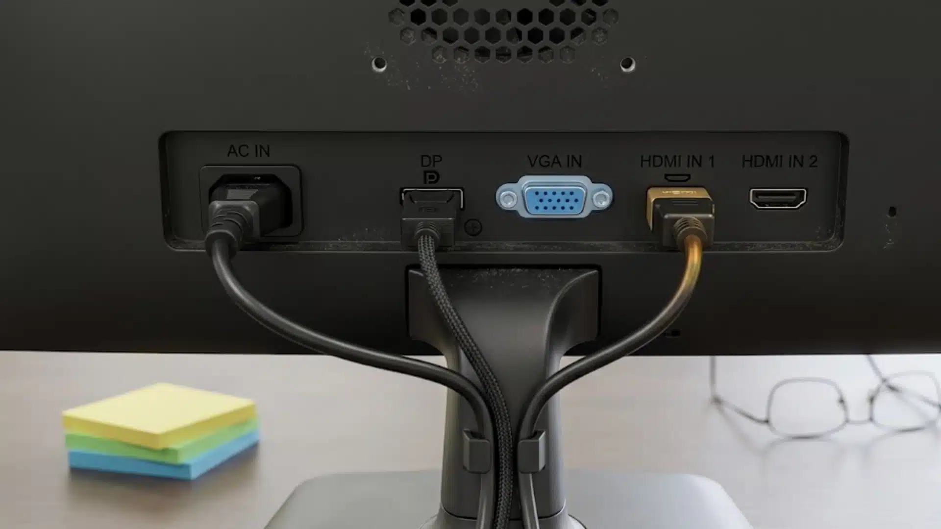 Back of monitor showing DisplayPort, VGA, and HDMI ports with connected display cables