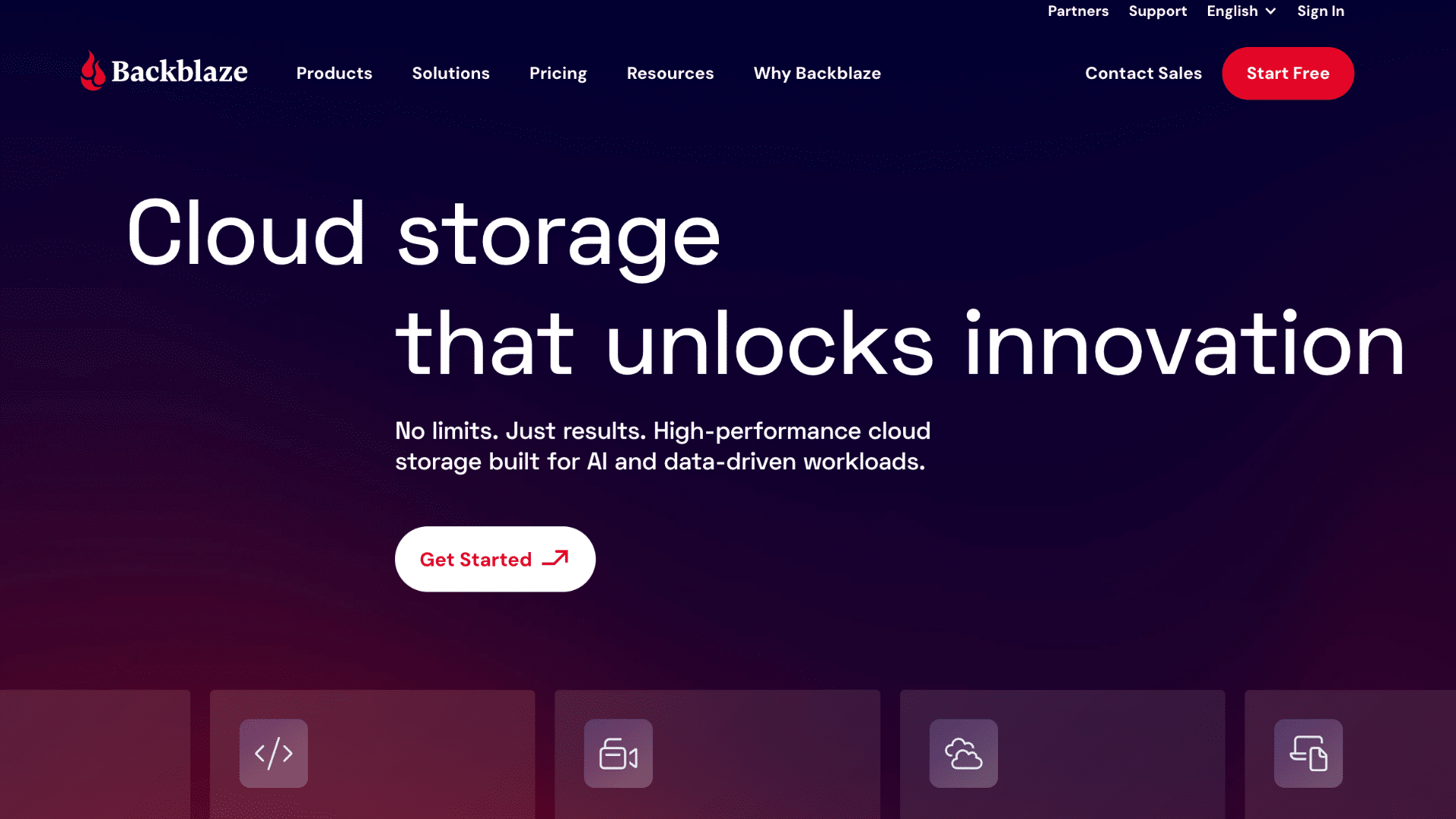 backblaze cloud storage webpage with innovation slogan get started button and dark gradient background