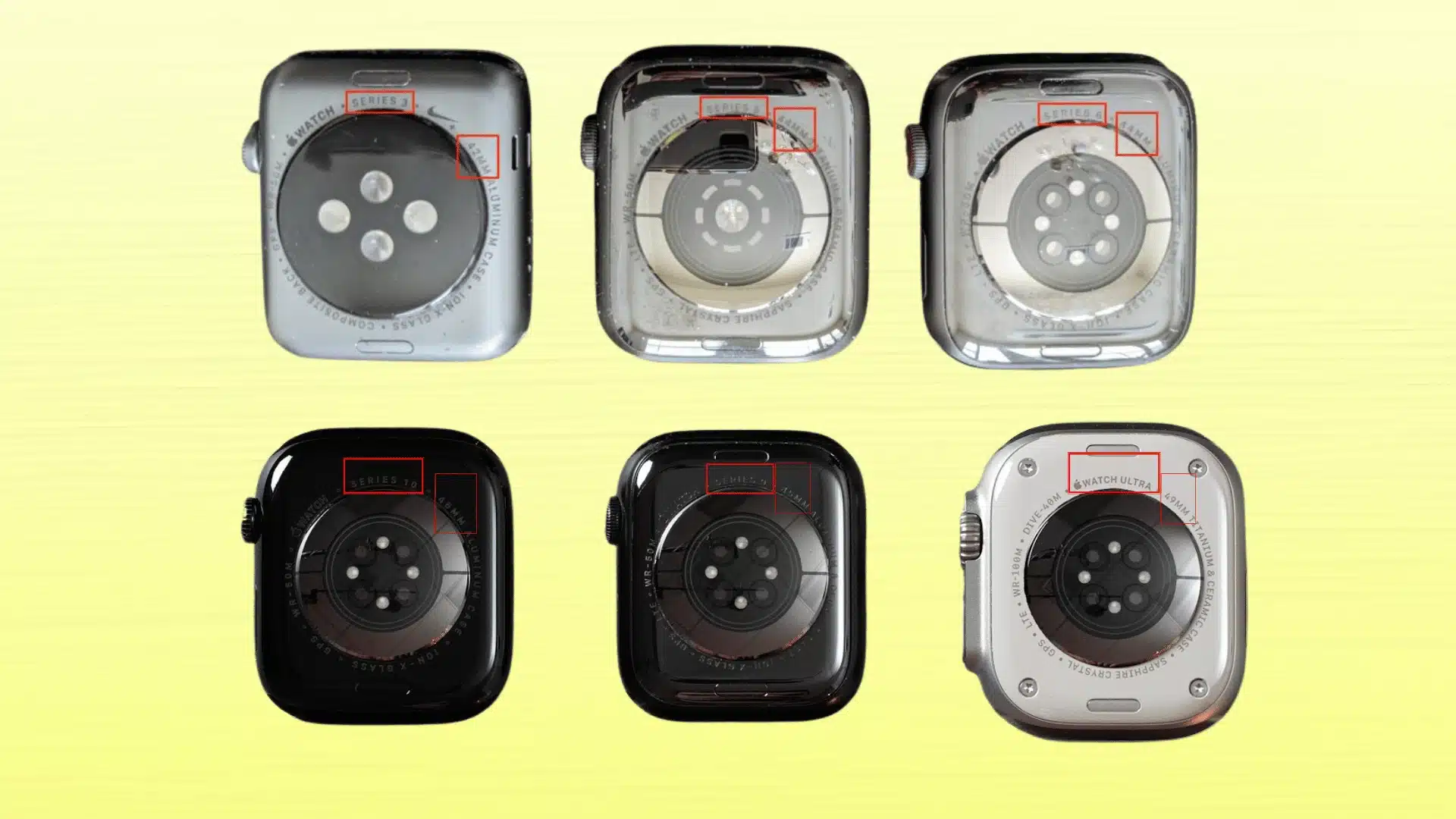 Back view comparison of Apple Watch models showing engraved series names, case sizes, and sensor layouts for identification purposes