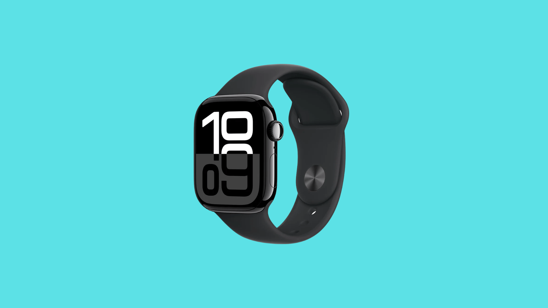 Black Apple Watch with rectangular display showing time, side crown button, and dark sport band on clean background