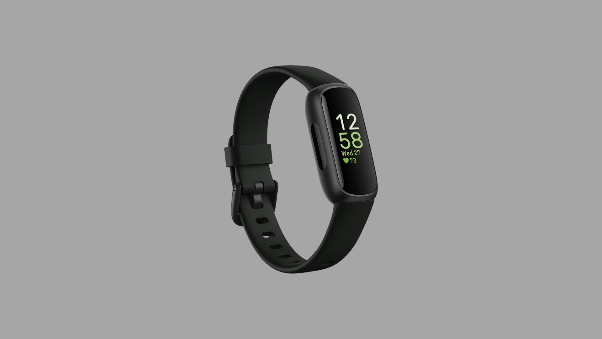 Black Fitbit fitness tracker with OLED display showing time, date, and heart rate on a slim band