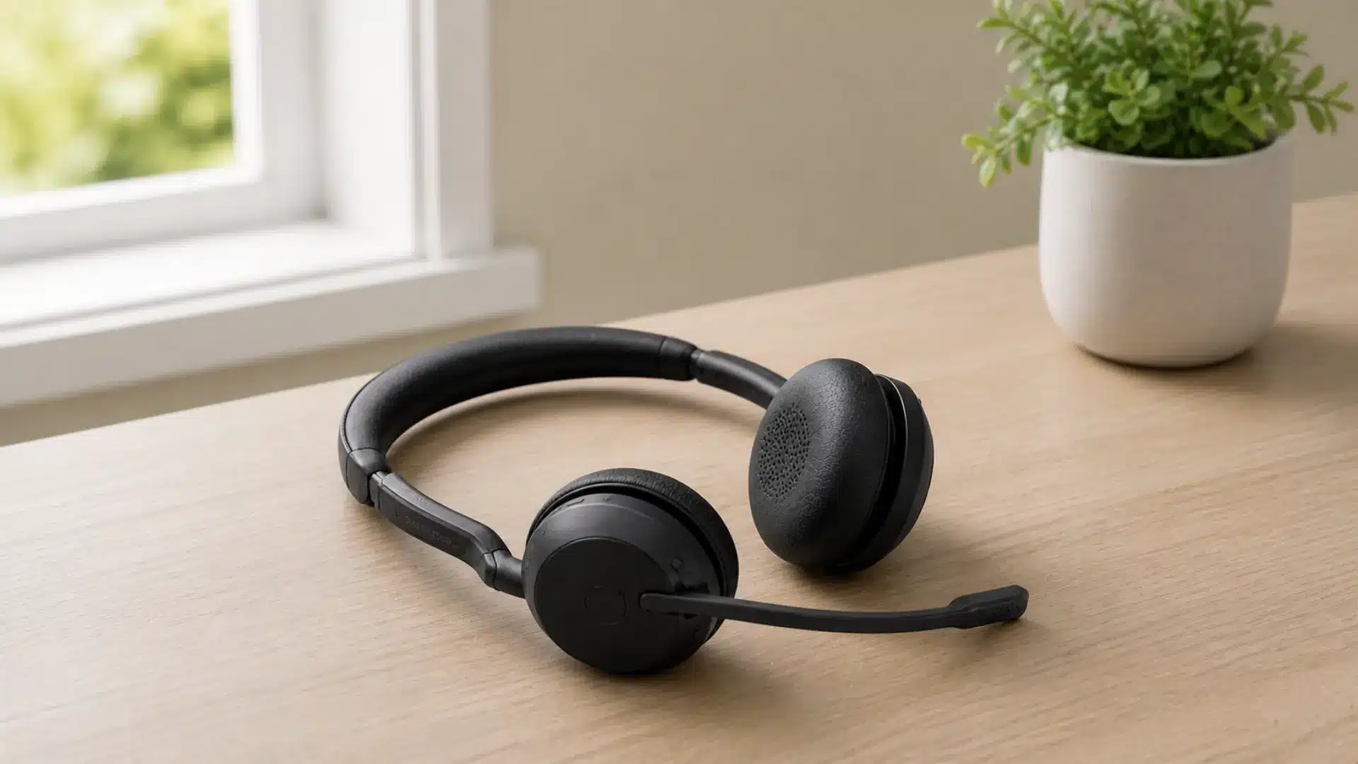 Black Jabra headset resting on a wooden desk with soft natural light and blurred plant background