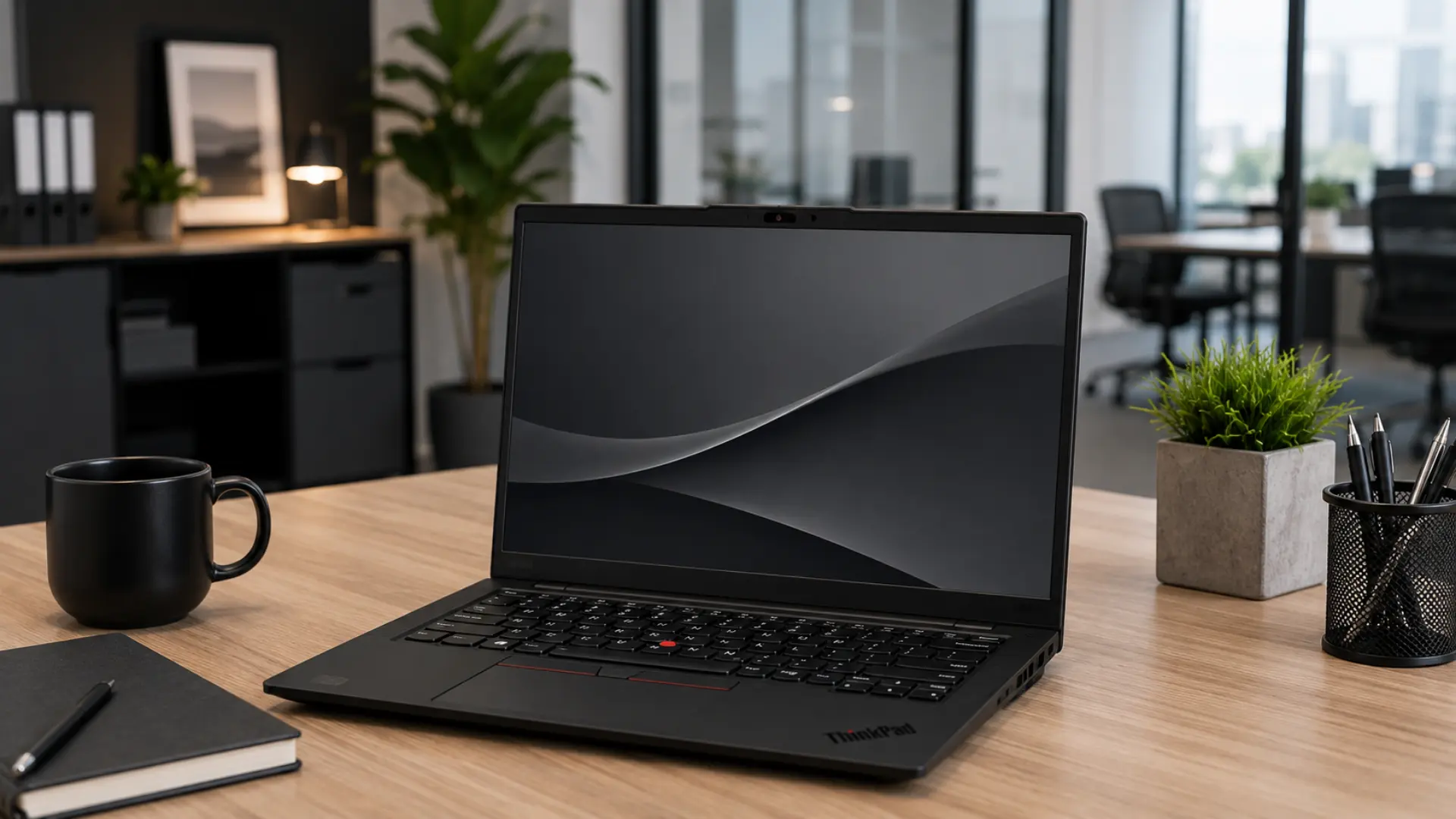 Black Lenovo ThinkPad laptop on minimalist office desk with notebooks, mug, and indoor plants