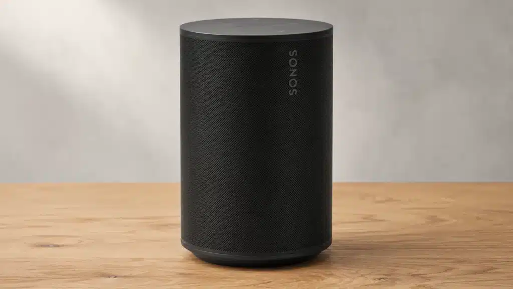 Black Sonos smart speaker centered on a wooden tabletop with a light grey wall background