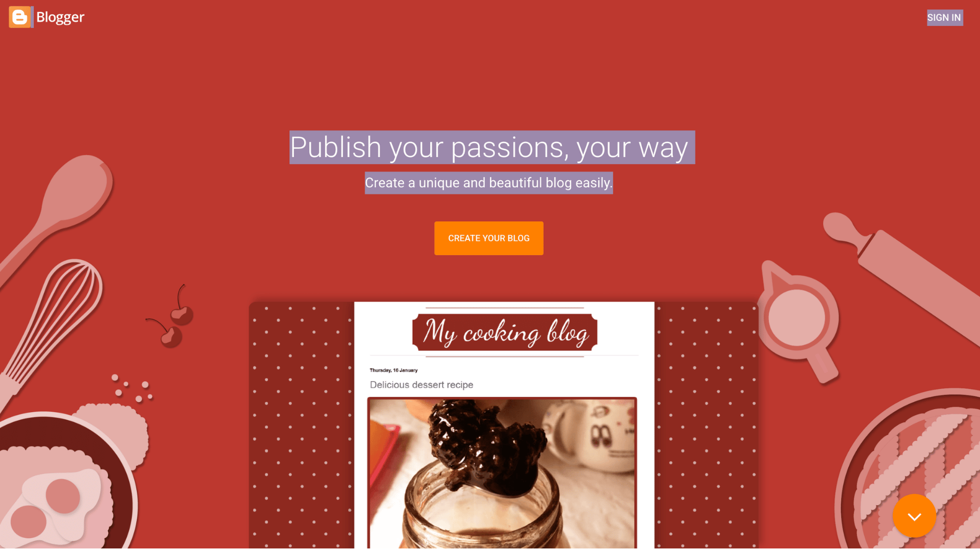 blogger homepage with cooking blog preview and publish your passions message on a red themed background