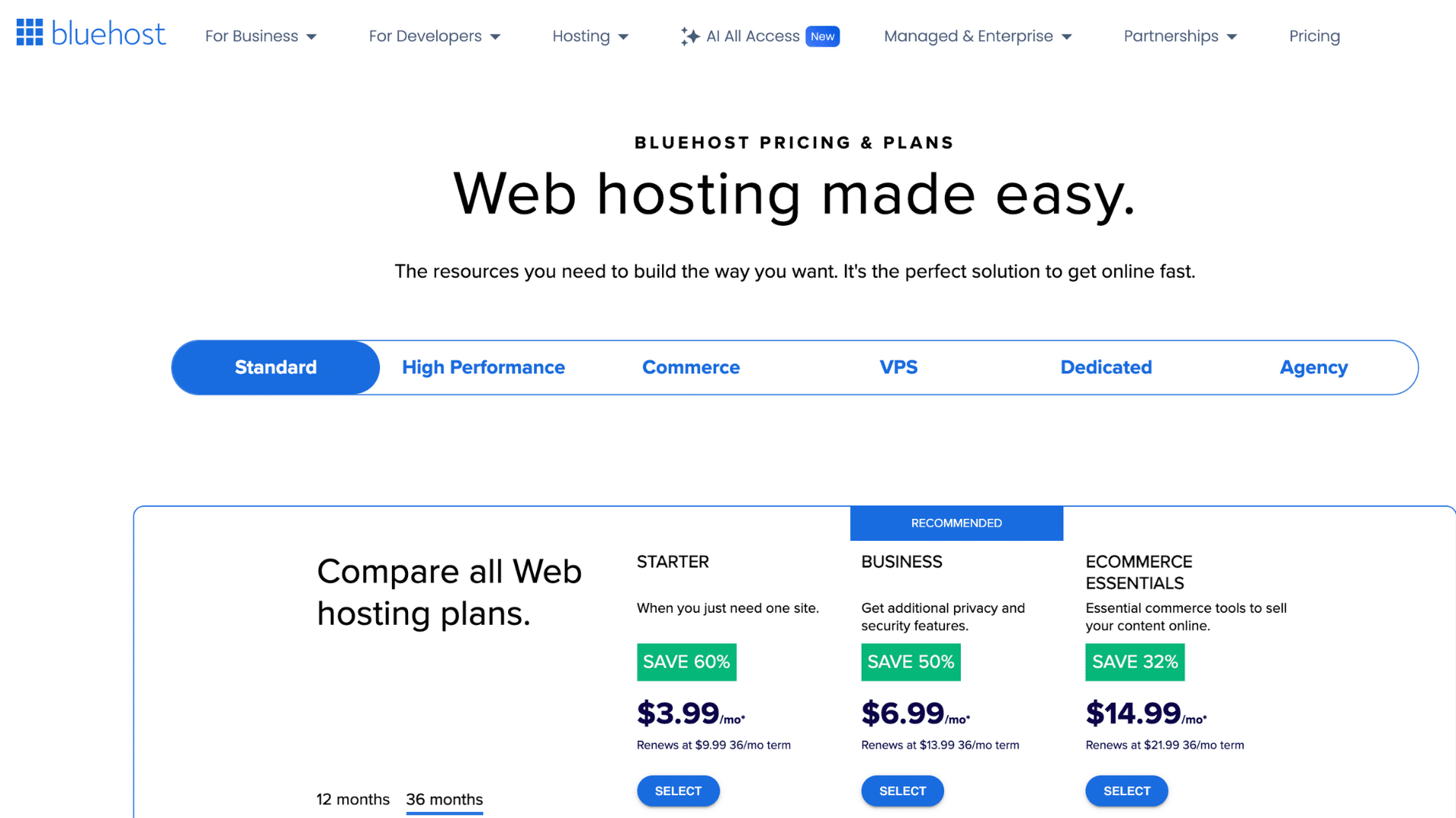 bluehost pricing page with web hosting made easy message and comparison table for hosting plan options