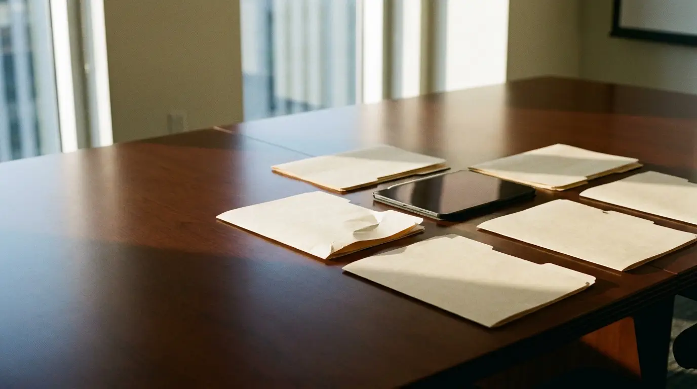 Tablet and file folders arranged on a wooden office table in sunlight