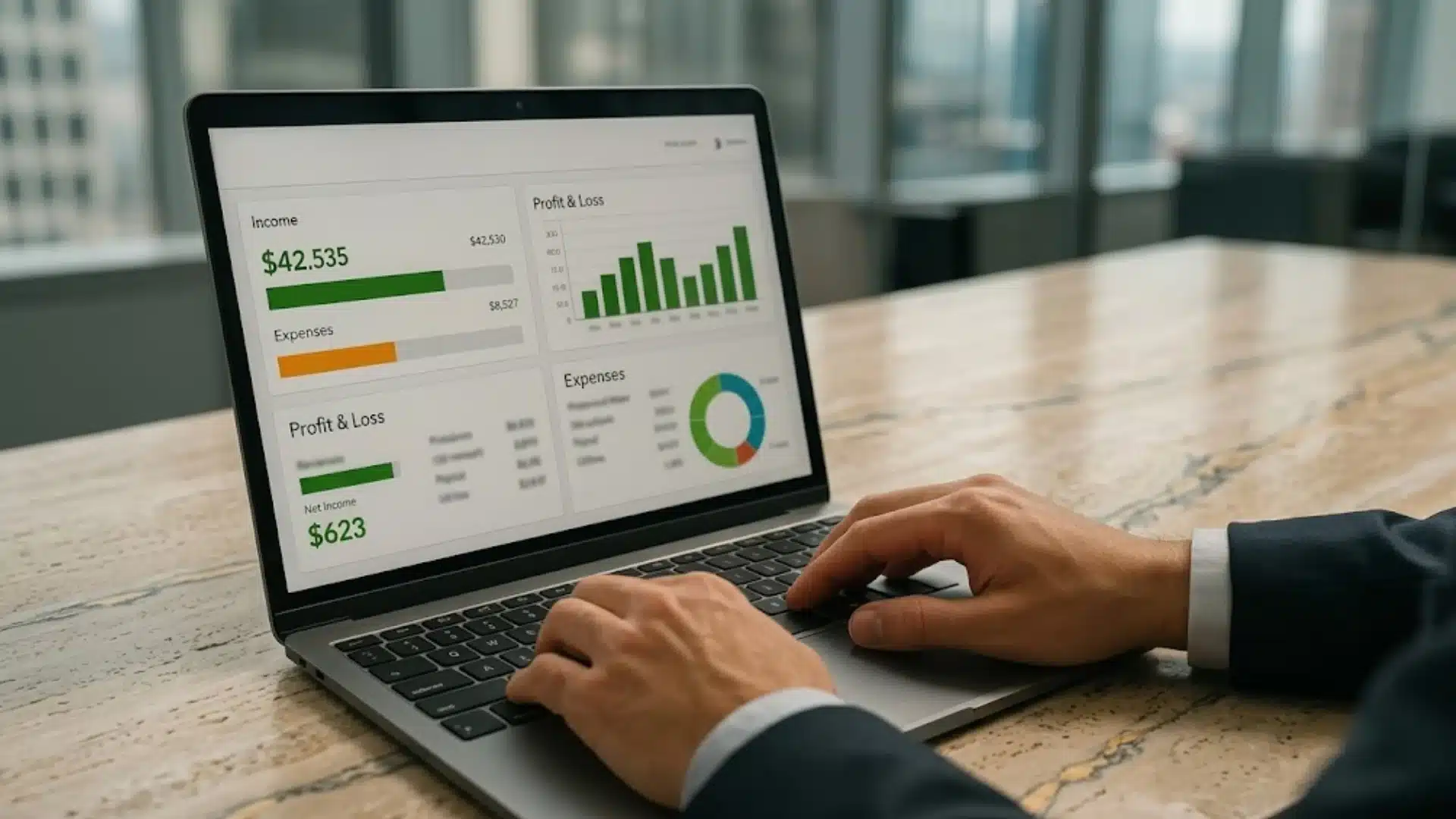 Business owner using accounting software dashboard for financial tracking and reporting on laptop