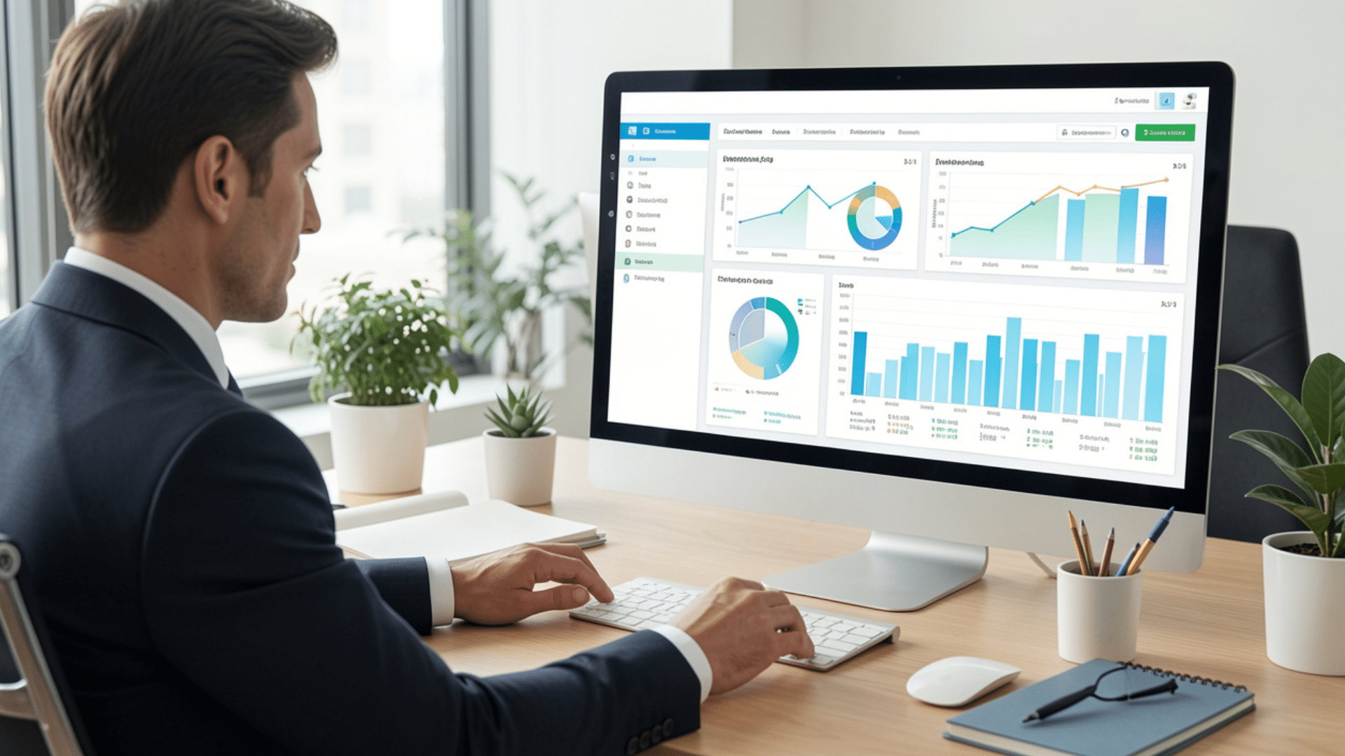 business professional using business management software dashboard on desktop computer