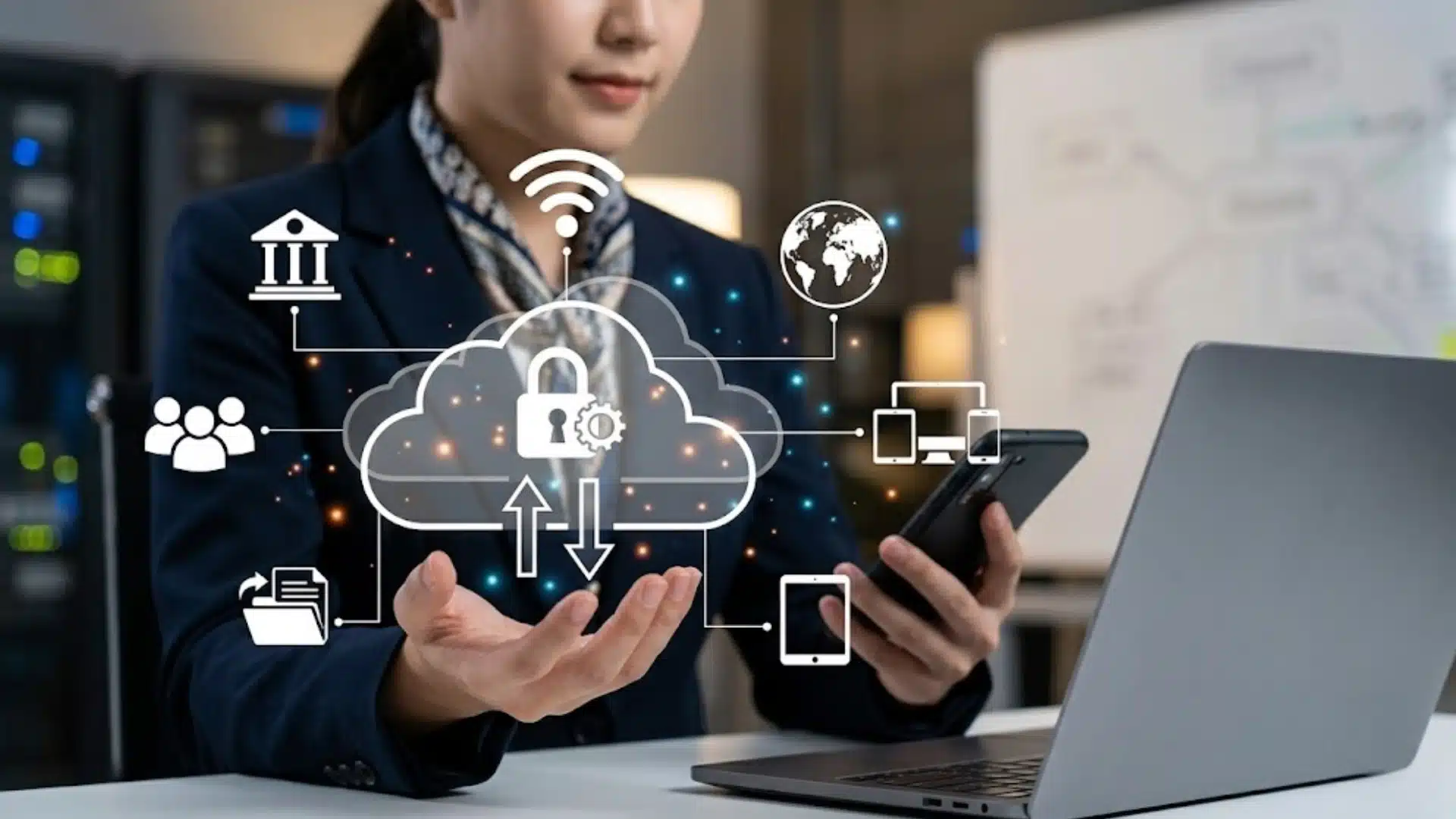 Business professional using cloud computing services with security icons, data sync, and connected devices on screen