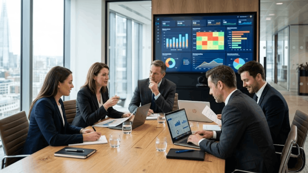 business team using business software and analytics dashboards in a modern office meeting (1)