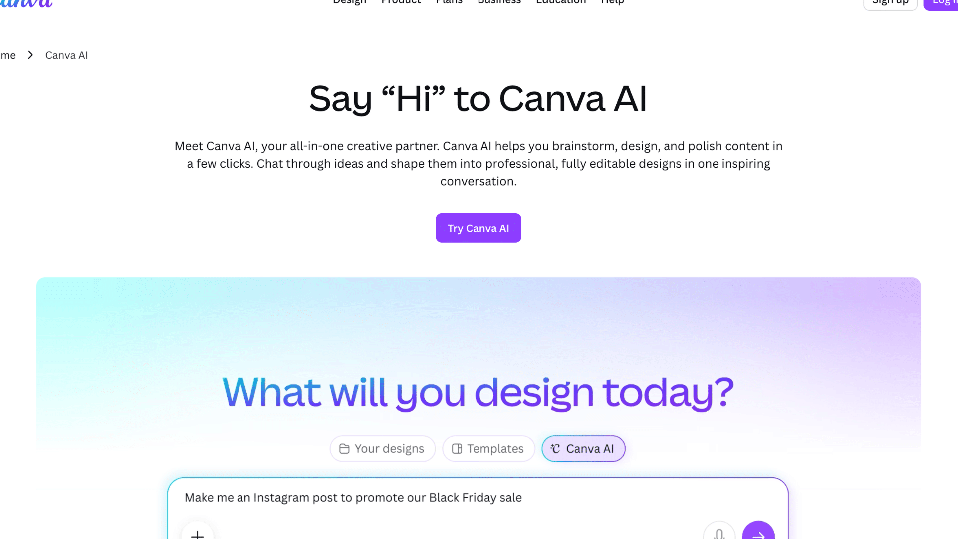 canva ai homepage with welcome headline design prompt section and purple try canva ai button