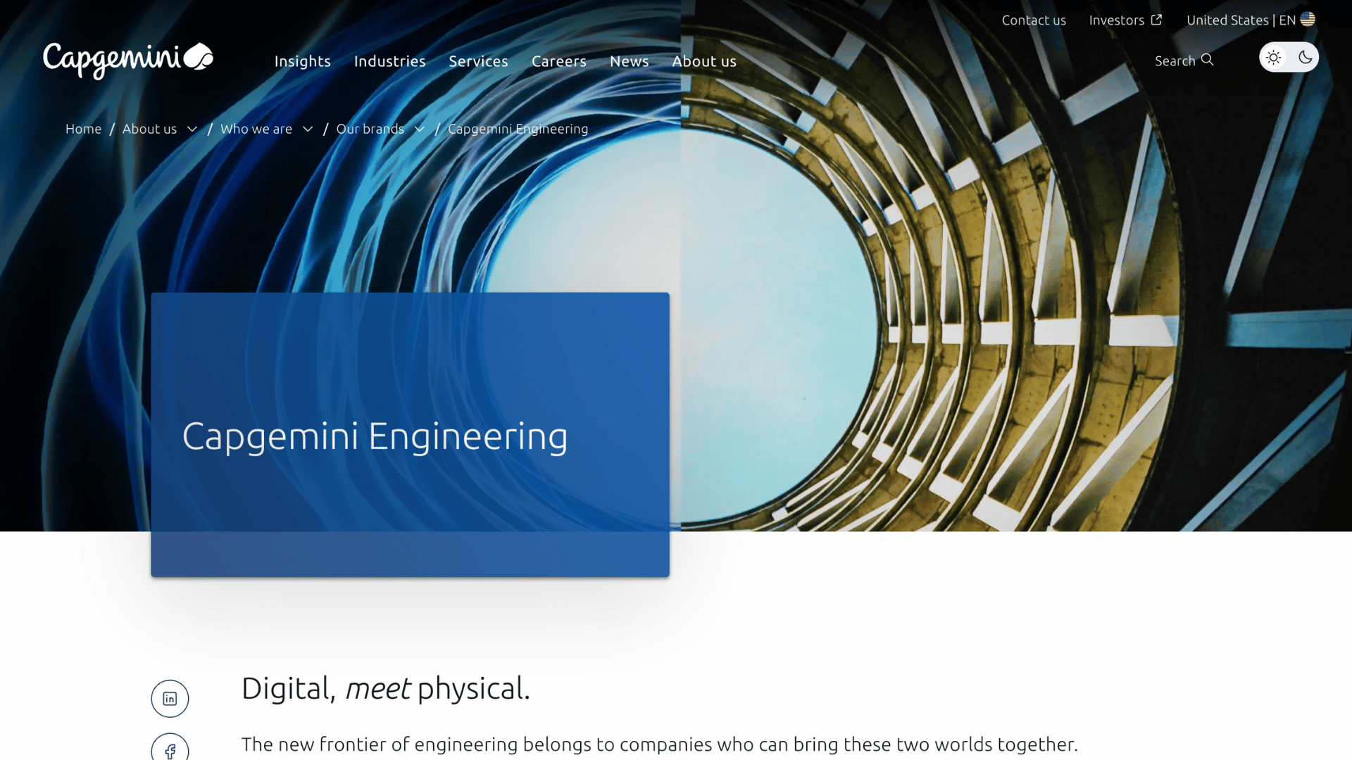 capgemini engineering webpage showing a split image of blue digital light trails and a physical circular architecture structure