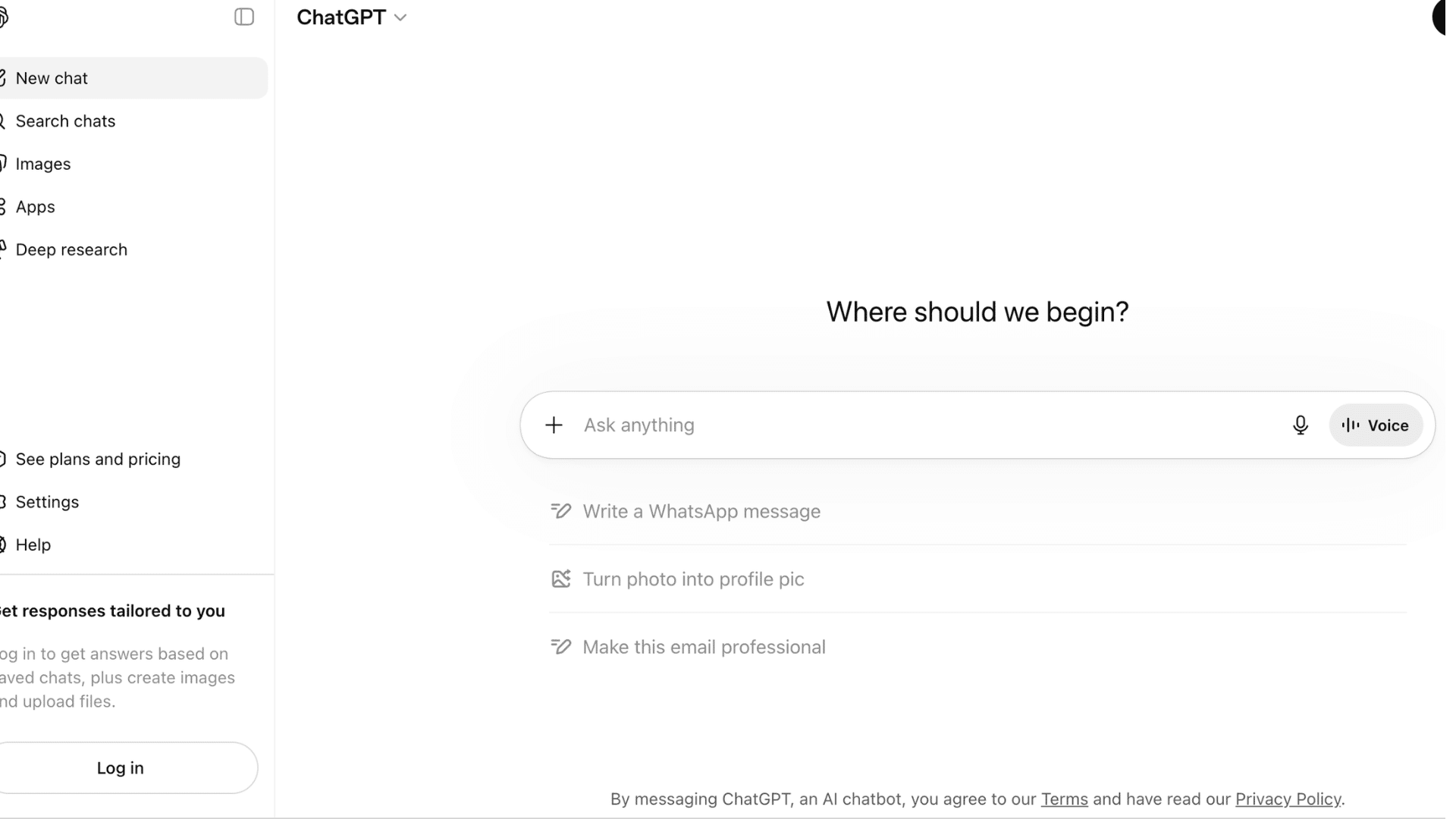 chatgpt homepage with sidebar menu search options and central prompt box with voice button