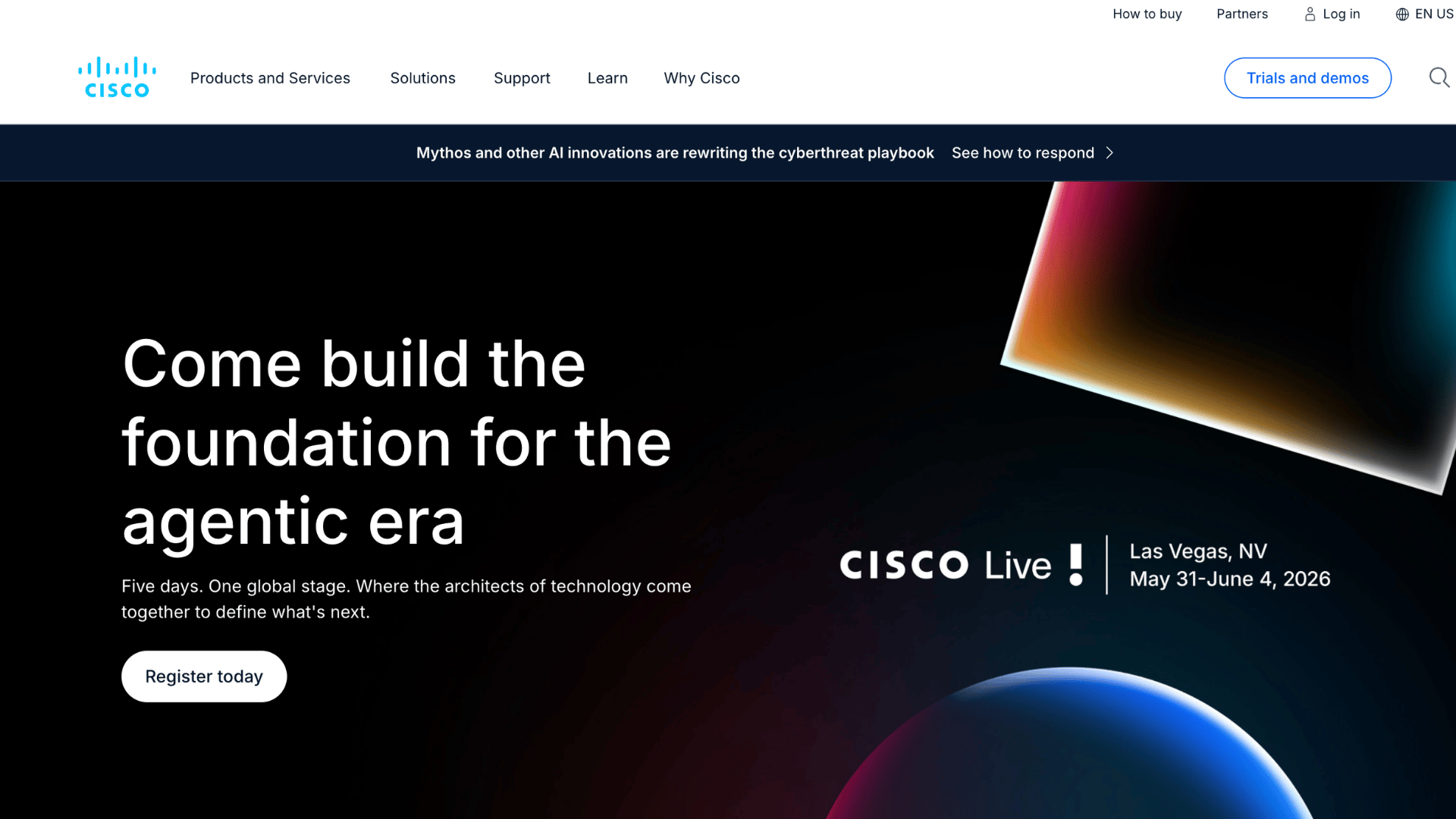 cisco website featuring text come build the foundation for the agentic era promoting the cisco live event in las vegas