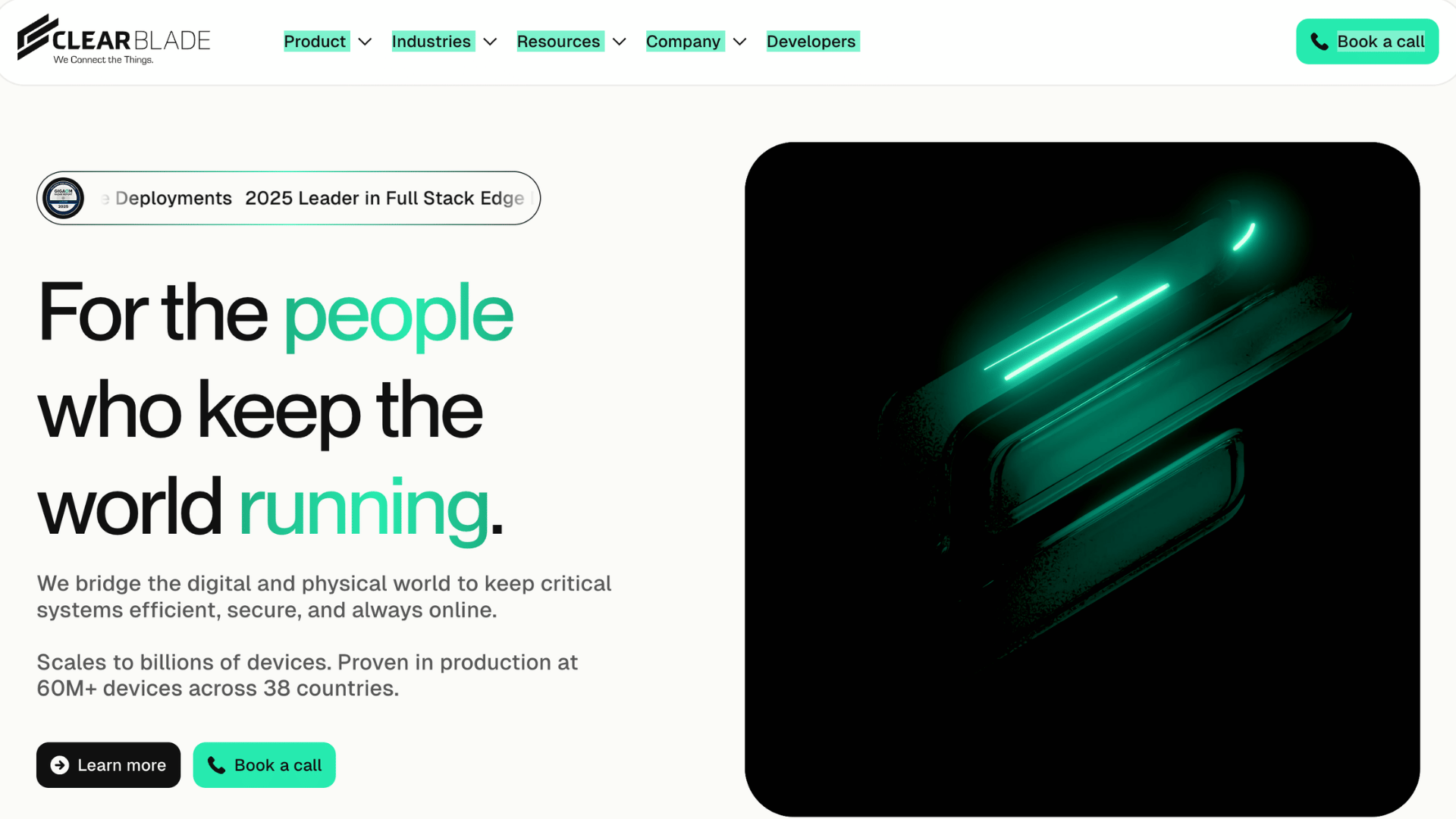 clearblade website with text for the people who keep the world running next to a glowing green neon graphic object (1)