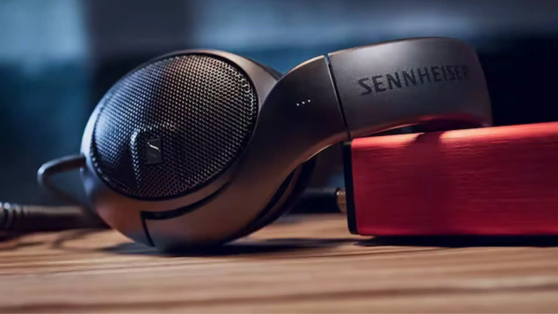 Close-up of Sennheiser headphones beside a red audio device on a wooden desk in soft lighting.