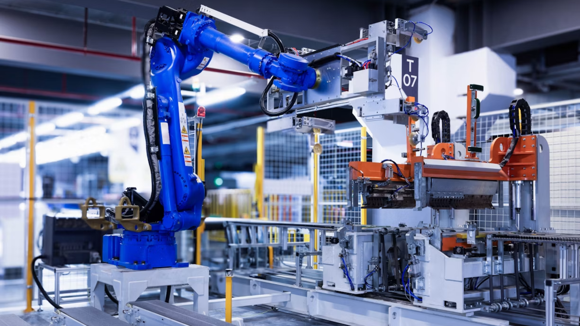 _Close-up of the blue robot arm transporting a molded refrigeratorexterior laminate.