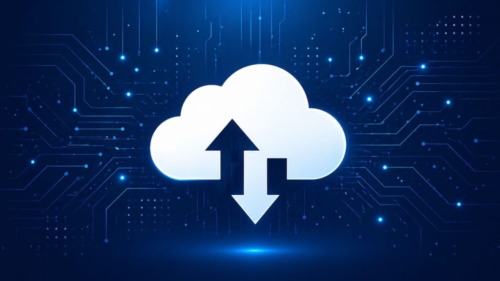 Cloud computing icon with up and down arrows on a blue digital circuit background