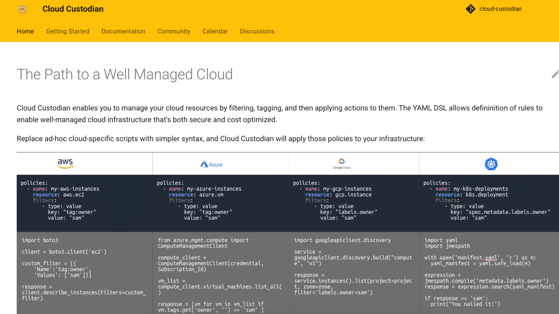 cloud custodian platform showing cloud policy management and automated resource optimization dashboard